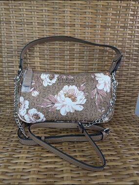 GUESS Karlan Mocha Multi Mini Floral Logo Shoulder Bag Chain Detail NWT